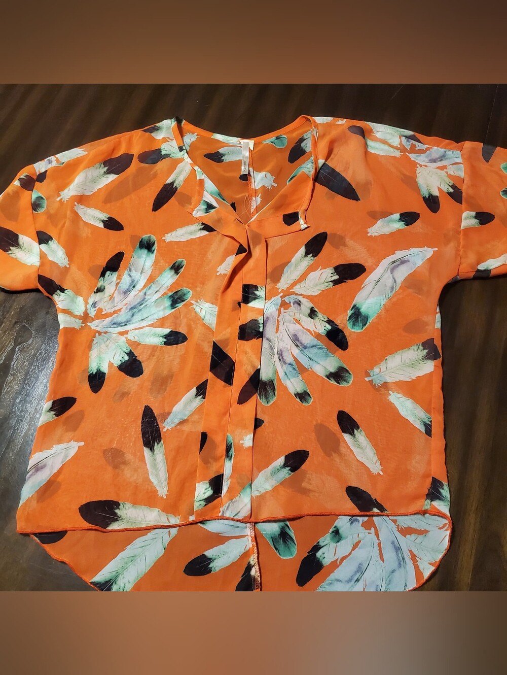 Poema Orange Chiffon Feather Print Boho Blouse Top